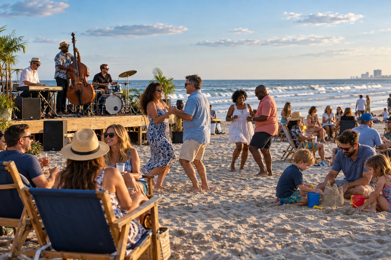 A lively beach scene with people dancing, sitting, and playing on the sand, with a band performing on a stage in the background.